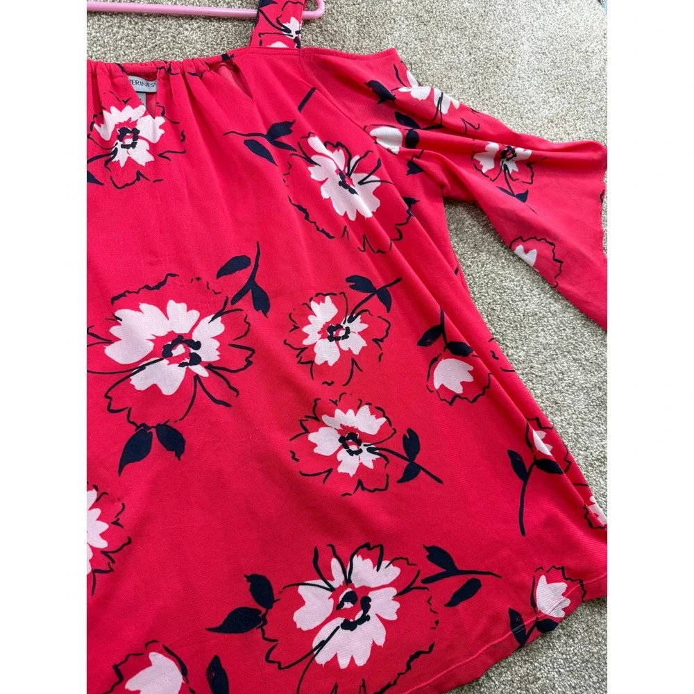 Catherines Womens 1X Red Floral Cold Shoulder Bell Sleeve Blouse Top 18 20W Plus - Picture 8 of 10